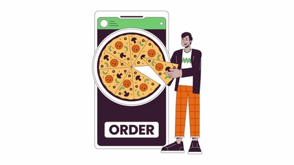 Poster - Man buying pizza mobile phone line 2D animation. Takeaway fastfood cellphone 4K video motion graphic. Fast food ordering application smartphone linear animated cartoon flat concept, white background