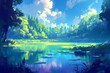 © nisa - Tranquil lake scene with lush greenery, blue sky and fluffy clouds, digital art illustration, nature scenery, nature wallpaper