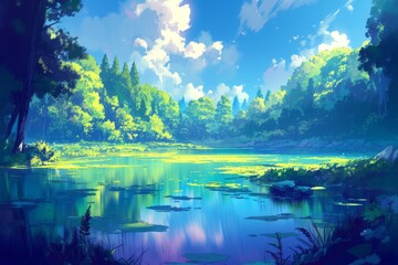 tranquil lake scene with lush greenery, blue sky and fluffy clouds, digital art illustration, nature