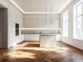 A kitchen with a white counter and cabinets