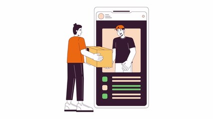 Poster - Man receiving parcel delivery phone line 2D animation. Guy orders taking cellphone ecommerce 4K video motion graphic. Application smartphone linear animated cartoon flat concept, white background