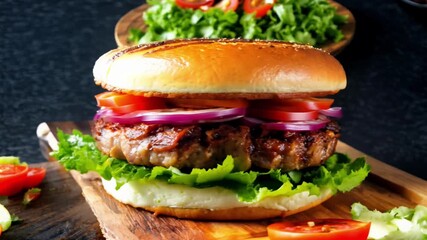 Wall Mural - A grilled meat sandwich with tomatoes and onions on a wooden cutting board. The sandwich is served on a plate with a side of ketchup