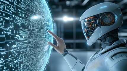 Poster - Futuristic robot interacting with digital interface, showcasing technology and innovation in a high-tech environment.