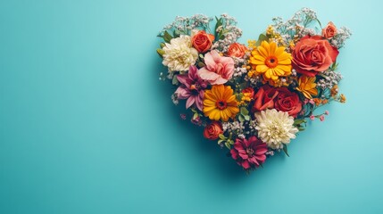 A vibrant heart shape formed by a variety of colorful flowers, representing love, beauty, and nature, on a calming blue backdrop.