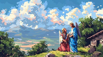 Christian religious background in colorful pixel-art style.