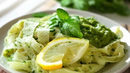 Wall Mural - A plate of pasta with a lemon slice on top. The pasta is green and has a lot of sauce on it