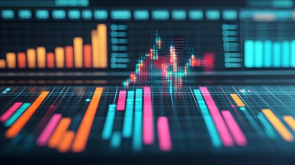 Fototapete - Vibrant financial chart displaying data trends with colorful bars and lines, illustrating market performance and analytics.