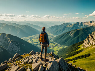 Solo hiker with backpack stands confidently on mountain peak, green terrain, recreational adventure and nature pursuit, freedom. Morning sunlight, green natural forest. Amazing landscape. AI generated