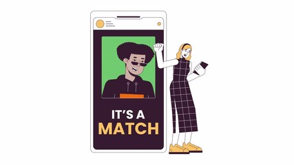 Poster - Woman celebrating dating app match line 2D animation. Finding soulmate online 4K video motion graphic. Romance application smartphone linear animated cartoon flat concept, white background