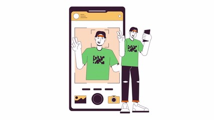 Poster - Asian man making selfie on phone line 2D animation. Two fingers posing guy on frontal camera 4K video motion graphic. Application smartphone linear animated cartoon flat concept, white background