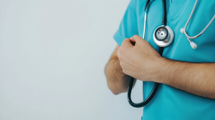 A medical professional using a stethoscope to listen to a patient's heartbeat, set against a plain