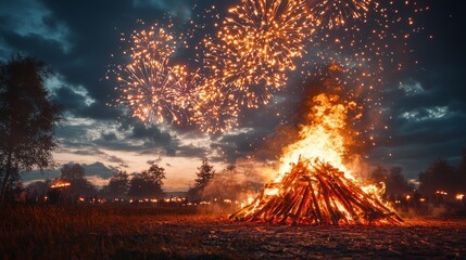 A vibrant and festive image of a bonfire and fireworks celebration on Guy Fawkes Night. The night sky is illuminated with colorful explosions.