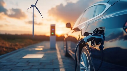 Canvas Print - Electric Car Charging at Sunset with Wind Turbine