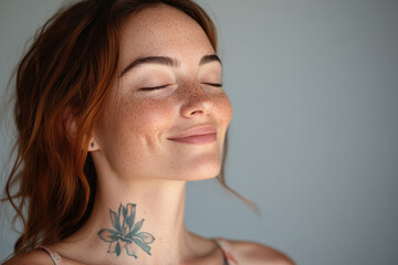 A close up of a woman's face with tattoos and her eyes closed