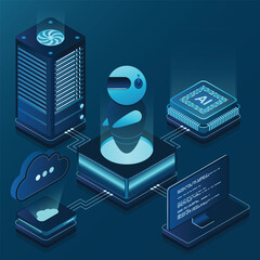 Poster - Artificial intelligence robot. System analysis. Big data processing. Machine learning technology. Vector illustration