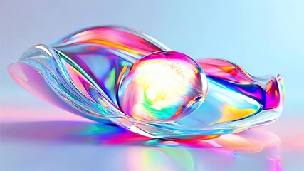 Iridescent abstract glass oyster pearl sculpture with vibrant spectrum colors, Futuristic 3D rendering concept with light refractions