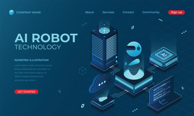 Poster - Isometric artificial intelligence robot landing page concept. Machine learning technology. Digital technology website landing page. Vector illustration