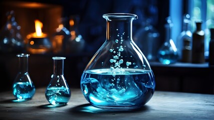 chemistry blue science lab background with flask glass and water in beaker