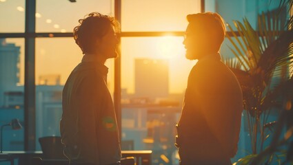 Two silhouetted figures share a meaningful conversation against a vibrant sunset, casting a warm glow and encapsulating the essence of connection amidst a modern setting.