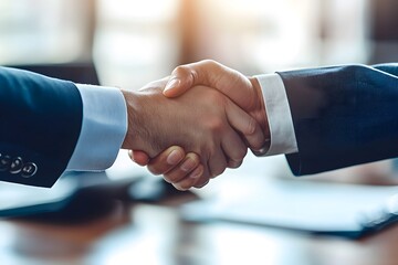 Two businessmen solidify their partnership with a firm handshake, signifying trust, agreement, and a promising future. 