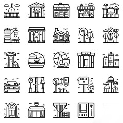 Various location icons Thin line icons set 1/2. Outline symbol collection. 64 and 256 Pixel Perfect editable vector strokes, scalable up to 128px.
