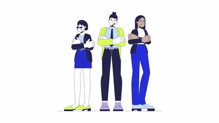 Fototapete - Product managers team line cartoon animation. Teamwork colleagues diversity at workplace 4K video motion graphic. Arms crossed employees confident 2D animated characters isolated on white background