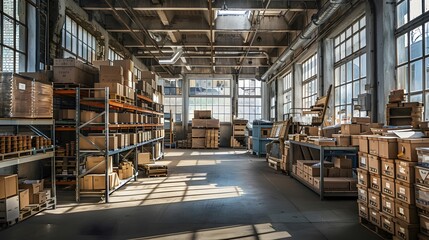 Spacious warehouse with stacked boxes, natural light.