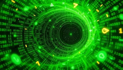 Wall Mural - A futuristic matrix background showcasing a swirling vortex of green code, with glowing symbols and numbers that appear to pulse, evoking a sense of movement and energy create with ai