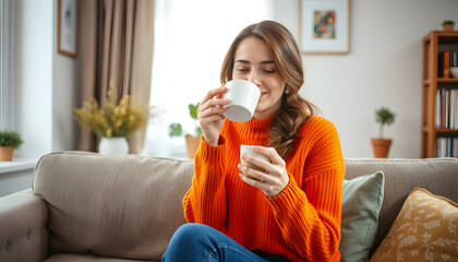 Photo of pretty cheerful lady wear orange sweater drinking coffee having rest indoors room home house isolated with white highlights, png