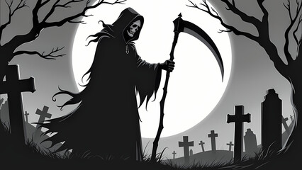 Grim reaper in a cemetery with headstones  black and white death spooky dead creepy halloween skeleton horror gothic emo dark vibes metal