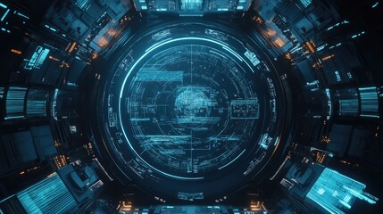 Poster - Top view of a futuristic holographic interface with copy space in the center