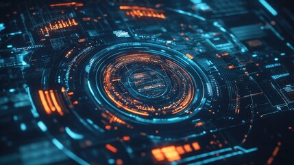 Poster - Top view of a futuristic holographic interface with copy space in the center