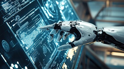 Poster - Top view of a robot hand interacting with a digital screen, with copy space on the right.