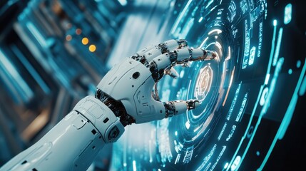 Poster - Top view of a robot hand interacting with a digital screen, with copy space on the right.
