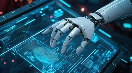Poster - Top view of a robot hand interacting with a digital screen, with copy space on the right.