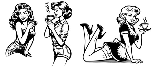 pinup girl drink coffee, black vector illustration, pin-up woman silhouette character