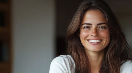 Poster - Woman smiling confidently, showcasing her healthy hair, with a clear area for copy space