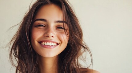 Poster - Woman smiling confidently, showcasing her healthy hair, with a clear area for copy space