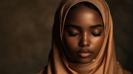 Wall Mural - A portrait of a young, dark-skinned Muslim woman in a traditional hijab, eyes closed