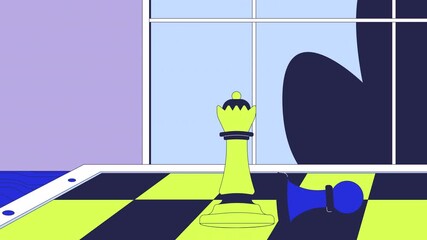 Poster - Chess strategy in business 2D animation. Queen chess piece defeating pawn 4K video motion graphic. Checkmate game. Strategic chessboard match animated cartoon flat concept on abstract background