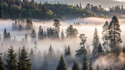  Misty Forest Landscape with Tall Trees and Soft Sunlight Filtering Through