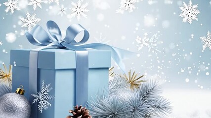 Wall Mural - Christmas gift box in pastel blue color, complemented with silver decorations and snowy fir branches. On a snowy blue background with holiday sparkles and copy space for text on the side.