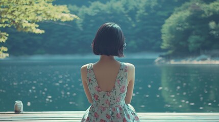 Wall Mural - Back view of a 20-year-old Korean woman wearing a floral one-piece dress, sitting on a lake deck, looking out at the lake, 