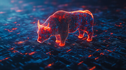Poster - A bull is standing on a blue and red background