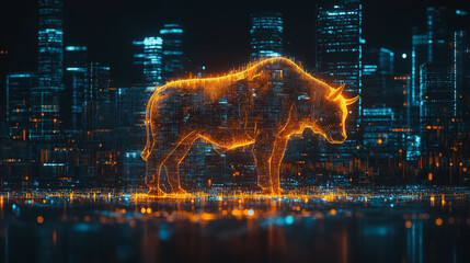 Poster - A bull is standing in front of a city skyline