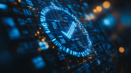  - Law and standard compliance concept on a blue virtual screen, highlighting rules, regulations, and policy documents with checkbox lists