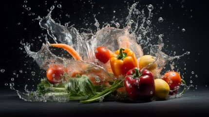 A splash of water has splashed over a pile of vegetables, including carrots