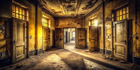 Asylum Ambiance: Creaking doors, distant screams, muted brown and yellow