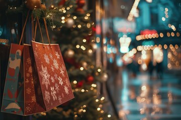 christmas shopping bags hanging on a decorated christmas tree in a city at night with blurred lights