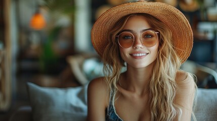 Aufkleber - woman planning beautiful summer vacation trip abroad sitting on sofa alone working on itinerary on laptop